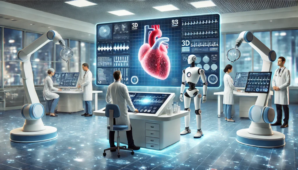 An advanced cardiology hospital with an AI-assisted diagnosis system, where doctors review a real-time 3D heart scan and robotic medical devices assist in drug delivery.