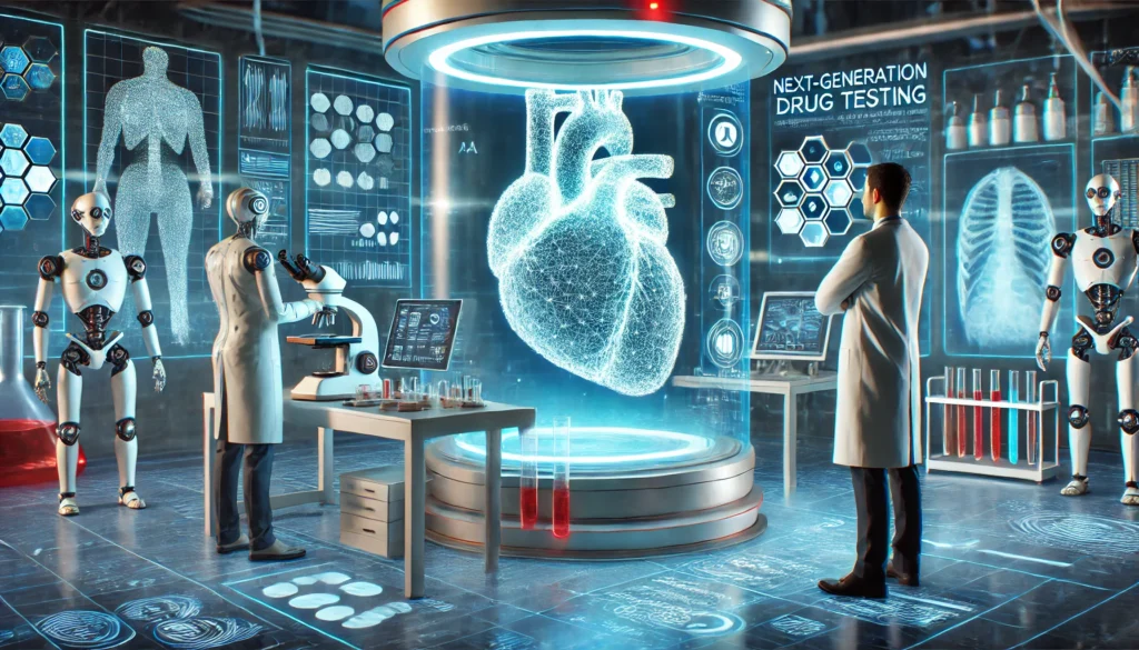 A futuristic pharmaceutical lab with AI-powered robotic systems developing next-generation cardiomyopathy drugs. Scientists observe automated drug testing, with a glowing 3D model of a human heart in the background.