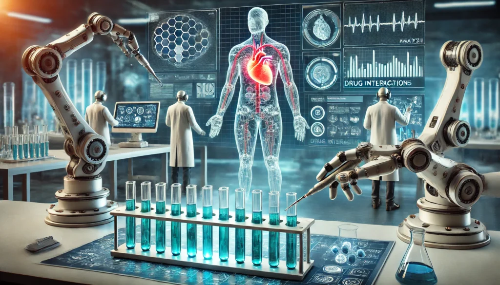A futuristic biomedical research lab where scientists develop advanced cardiomyopathy drugs. Robotic arms handle test tubes with glowing liquid, while a high-tech display showcases a 3D model of a human heart with drug interaction analysis.