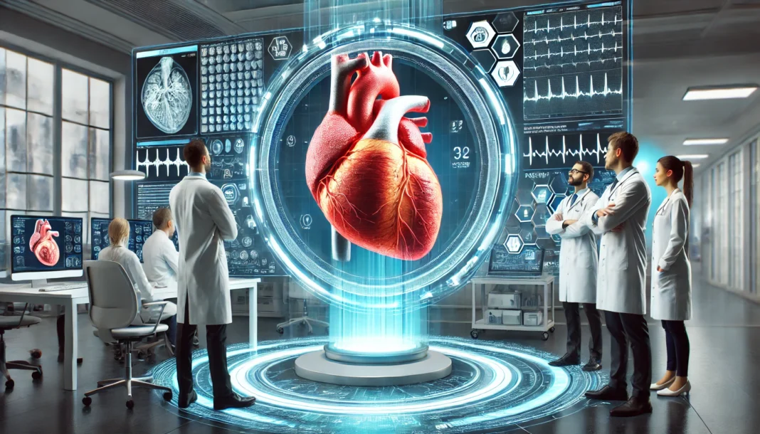 An advanced cardiovascular research center showcasing a high-resolution scan of a human heart on a digital screen, with doctors and scientists examining new insights into heart disease treatment, set in a high-tech medical environment.