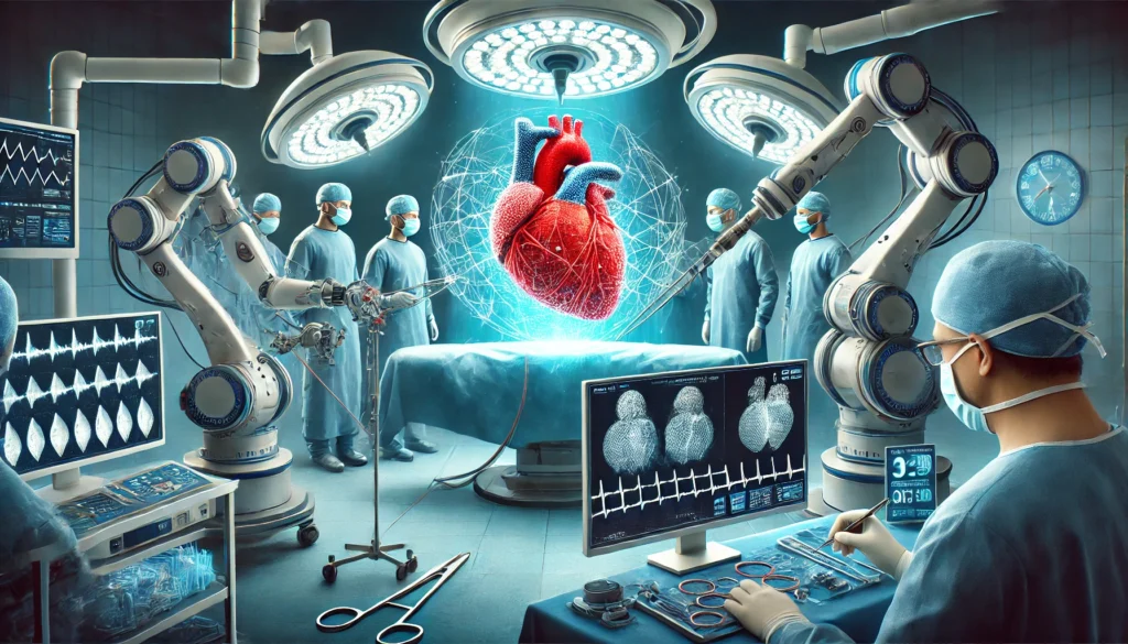 A robotic-assisted heart surgery in progress, featuring advanced surgical robots, doctors observing a real-time 3D heart scan, and a high-tech operating room showcasing futuristic heart disease treatment innovations.