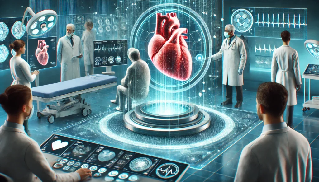 A revolutionary non-invasive heart imaging technology being used in a medical research center, where a patient undergoes an advanced heart scan, with a futuristic imaging machine projecting a 3D holographic visualization of the heart, surrounded by scientists analyzing the results.