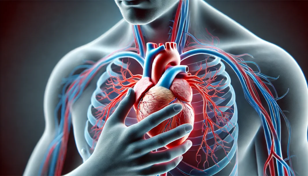 Realistic 3D Rendering of a Diseased Heart – A close-up of a heart with visible plaque buildup and narrowing arteries, with a bluish tint on fingers and lips indicating poor circulation.