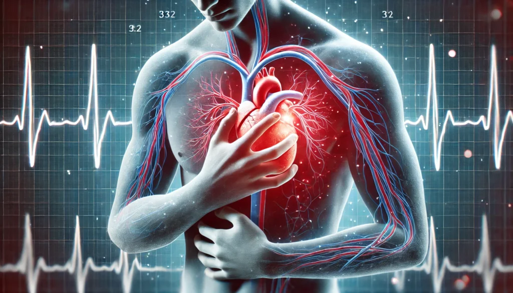 Conceptual Image of Chest Pain and ECG Overlay – A person clutching their chest in discomfort, with red and blue glowing overlays on the heart and arteries, set against a faint ECG waveform.