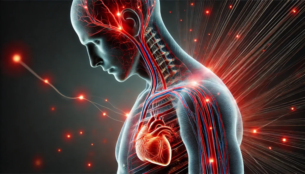 Pain Pattern Visualization for Heart Disease – A side profile of a person with glowing red pain points on the chest, left arm, jaw, and back, connected to an illustrated circulatory system.