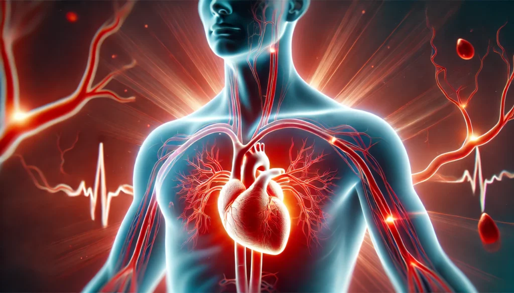 The heart glows red with highlighted blocked arteries, and subtle pain radiations extend to the chest, arm, and jaw. Let me know if you need any further adjustments!