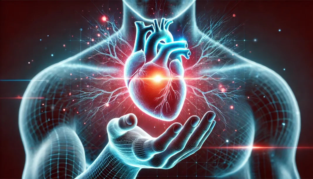 A visually stunning digital artwork of an anatomically detailed human heart with a glowing aura, symbolizing its vital role in circulation and overall health.