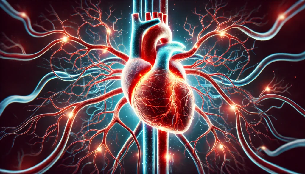 An artistic rendering of blood vessels intertwining with a glowing heart, highlighting the intricate network of the cardiovascular system with luminescent veins and arteries.