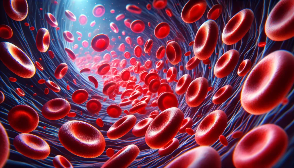 A dynamic 3D visualization of red blood cells flowing through a blood vessel, showcasing their smooth, disc-like shape and the efficiency of the cardiovascular system.