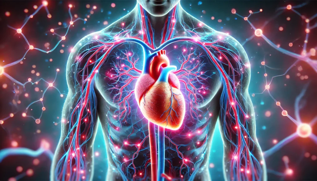 A futuristic digital artwork of the human cardiovascular system, featuring a glowing heart with neural-like connections, symbolizing the link between heart health and overall body function.