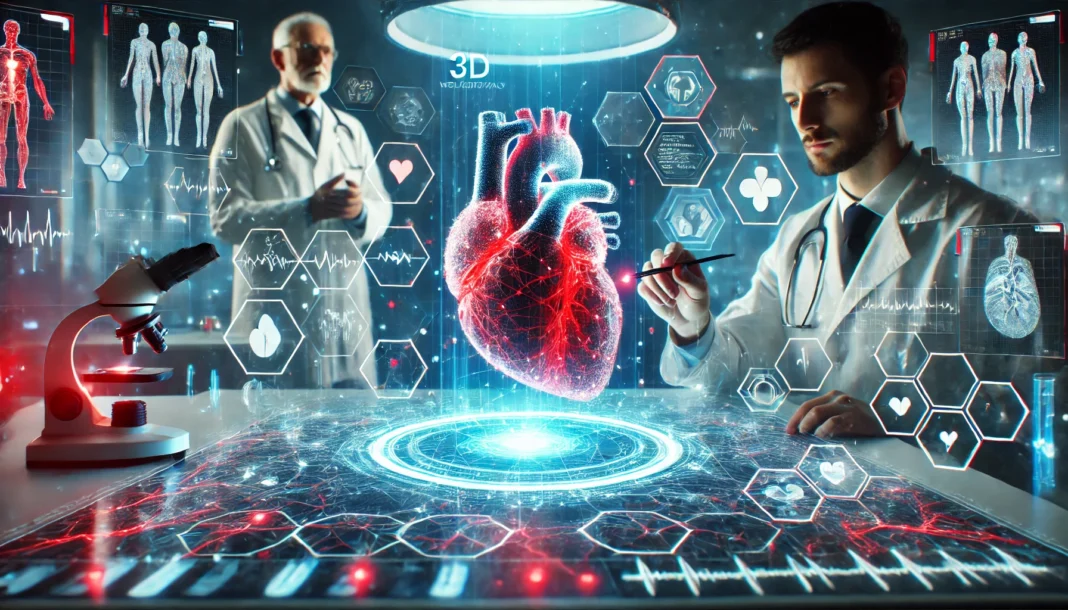 A futuristic laboratory with scientists analyzing a 3D holographic projection of a human heart, with glowing arteries and digital medical data, symbolizing cardiovascular research advancements.