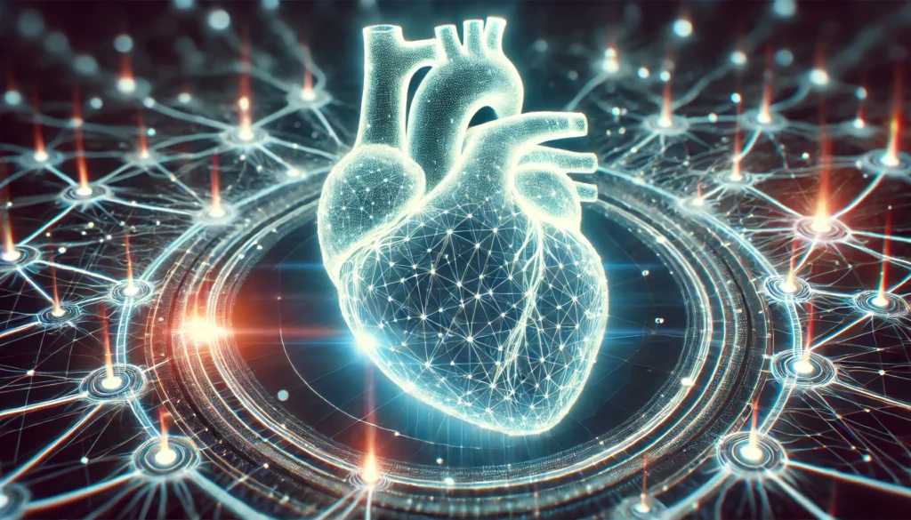 A high-tech, glowing digital heart surrounded by interconnected neural pathways and data streams, illustrating the impact of cardiovascular research on medical innovation.