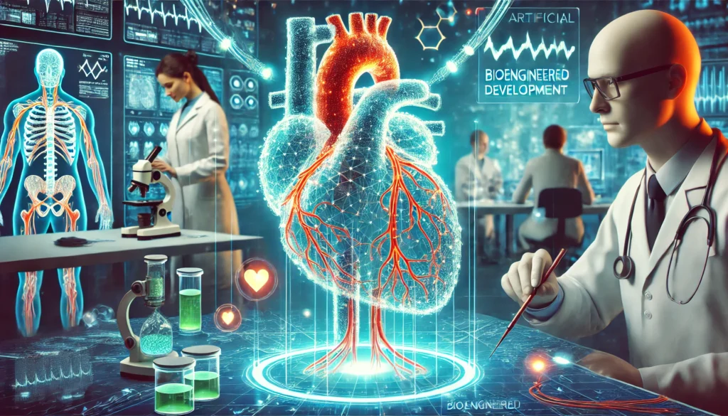 A futuristic artificial heart development lab where scientists work on bioengineered heart prototypes, with glowing veins and arteries connected to advanced monitoring systems, representing innovations in cardiovascular medicine.