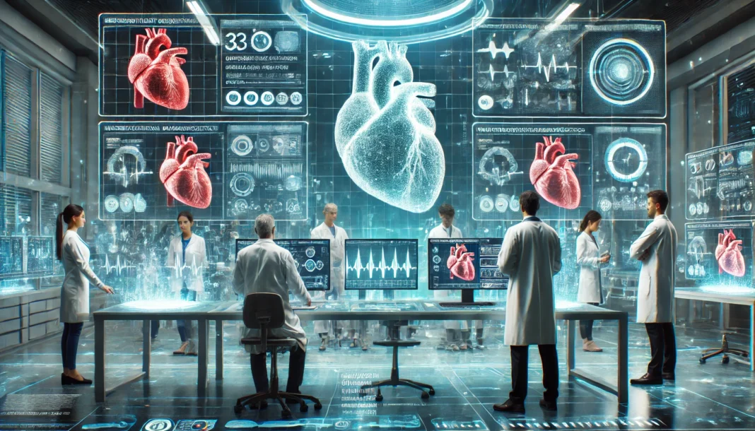 A high-tech medical research lab focused on cardiovascular health. Scientists analyze 3D heart models and holographic patient data, with advanced medical screens displaying heart diagnostics, symbolizing breakthroughs in cardiac risk assessment.