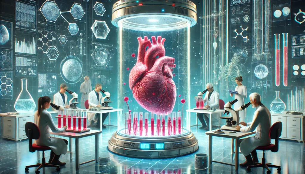 A high-tech laboratory featuring bioengineered heart tissue growing in a specialized chamber. Scientists analyze regenerative medicine advancements, symbolizing the future of cardiovascular disease treatment.
