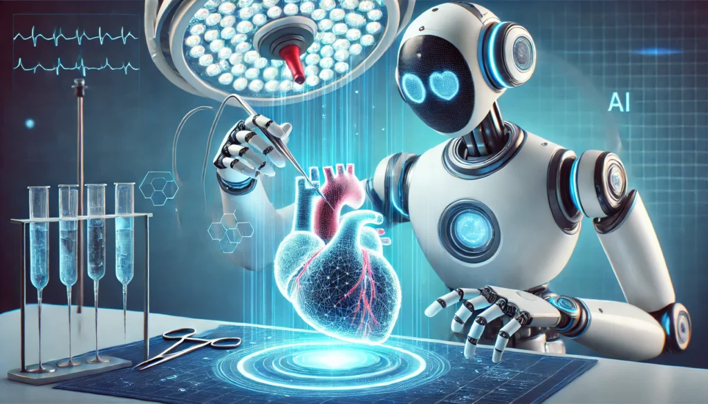 A futuristic AI-powered robotic surgeon performing a precise heart procedure on a holographic heart model. The scene highlights advancements in cardiovascular surgery and medical technology.