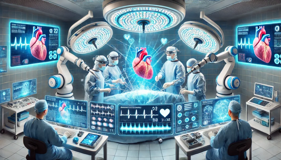 A cutting-edge heart transplant surgical suite where doctors and AI-assisted robotic arms perform a precision cardiac procedure, with holographic monitors displaying real-time guidance.