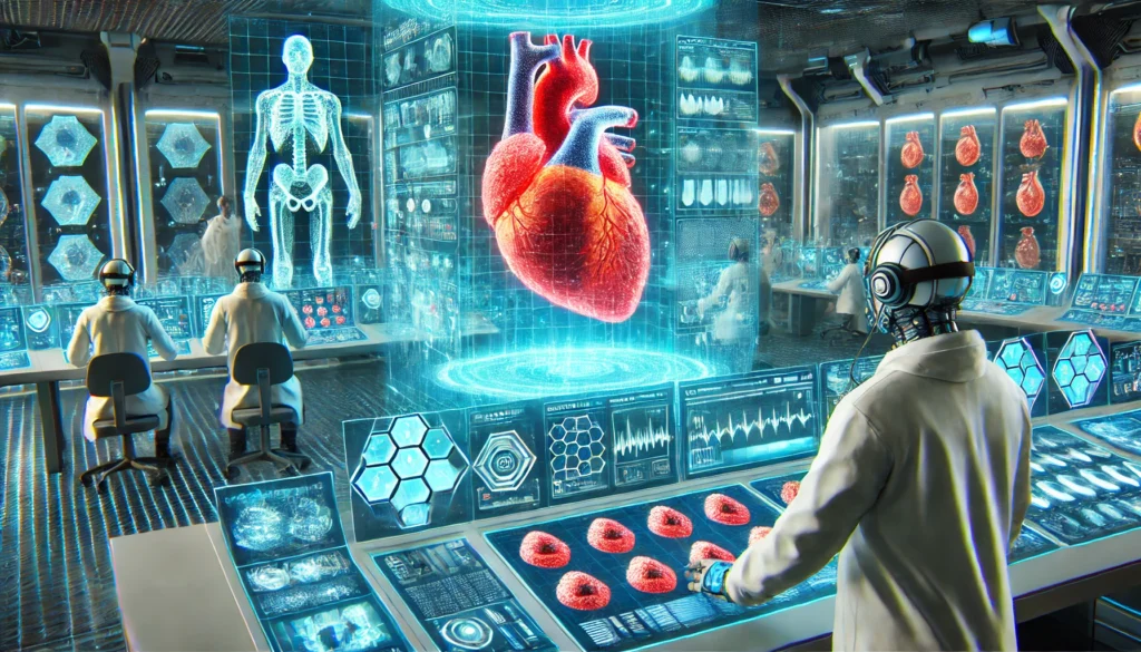 A futuristic heart research lab where AI-driven simulations test new heart failure treatments, with scientists observing 3D holographic projections of heart cells responding to innovative therapies.