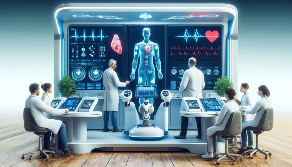 A cutting-edge mobile cardiac clinic equipped with AI-assisted diagnostics and robotic treatment stations, where doctors and patients interact with high-tech medical devices displaying real-time heart data.