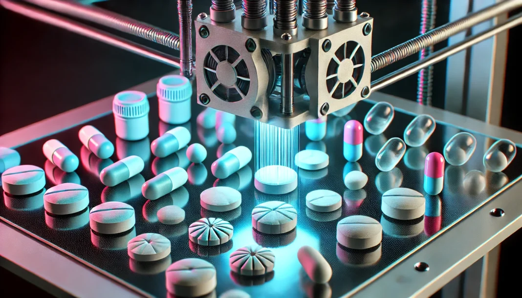 A close-up of a high-tech 3D printer fabricating personalized medicine tablets in various shapes and colors, with glowing blue laser beams emphasizing precision drug manufacturing.