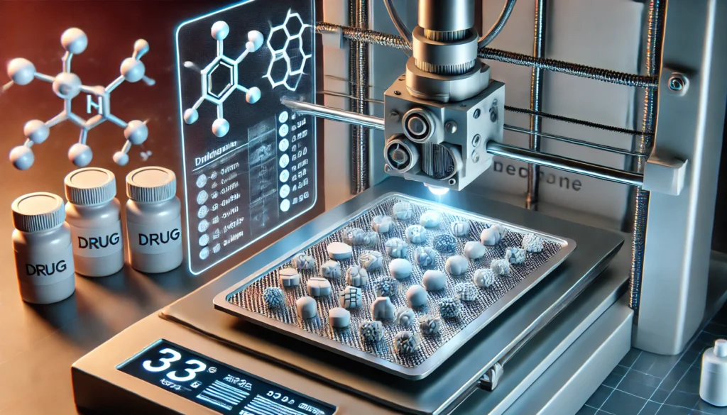 A close-up view of a 3D printer depositing layers of customized medicine pills with unique compositions. A futuristic interface displays molecular structures and dosage information in a high-tech medical lab.