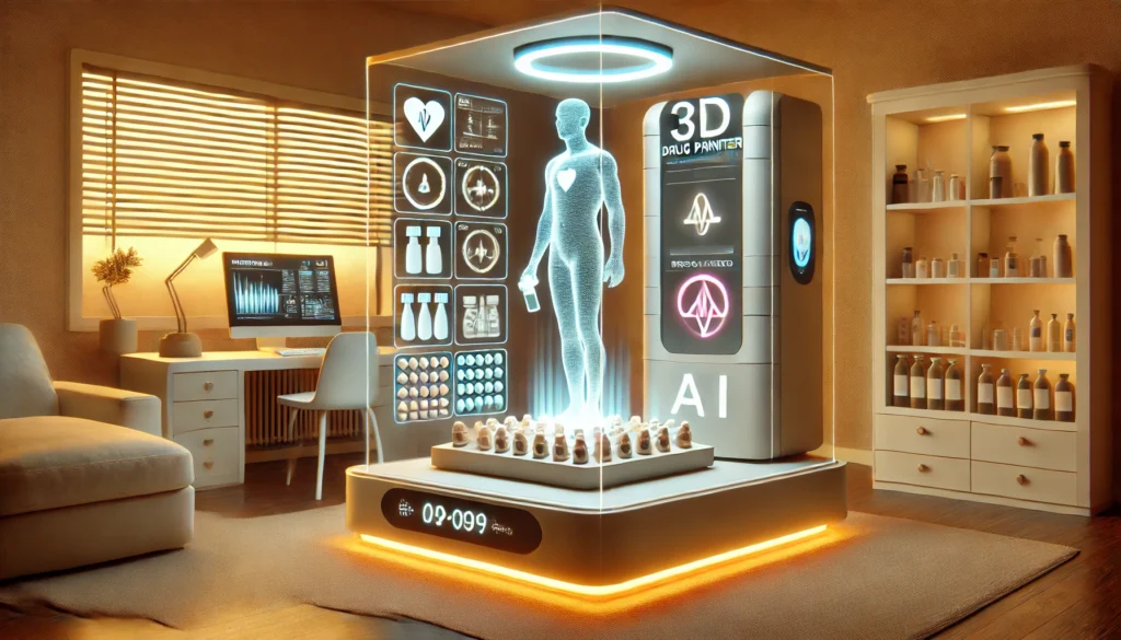 A futuristic home setting featuring an AI-integrated 3D drug printer that dispenses customized medicine on demand, illustrating the future of self-sufficient, patient-centered treatment.