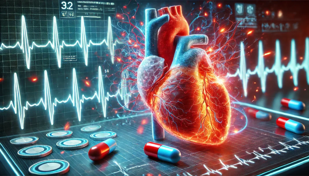A detailed 3D-rendered medical illustration of a human heart with atrial fibrillation, visualized with chaotic red and orange electrical surges. A pharmacological treatment, represented as glowing blue waves, moves through the veins, restoring a steady rhythm. The background showcases a high-tech medical lab with a digital ECG display stabilizing.