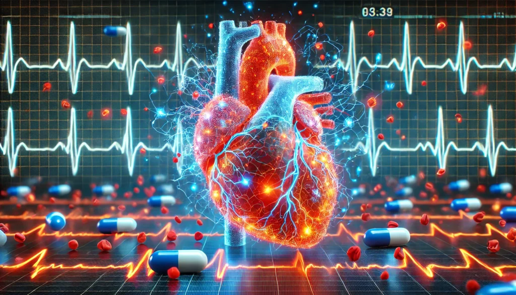 A high-tech visualization of a human heart affected by atrial fibrillation, with erratic red and orange electrical pulses indicating irregular heartbeat. Glowing blue pharmacological agents travel through the bloodstream, progressively restoring a normal heart rhythm. The backdrop features a futuristic digital ECG monitor stabilizing.