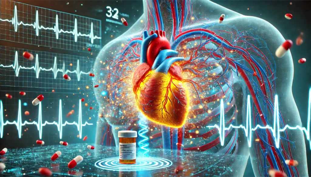 A highly detailed 3D medical illustration of a human heart experiencing atrial fibrillation, with chaotic red and yellow electrical activity. Glowing blue pharmacological particles flow through the bloodstream, gradually stabilizing the heart rhythm. The background features a futuristic medical interface with a digital ECG waveform normalizing.