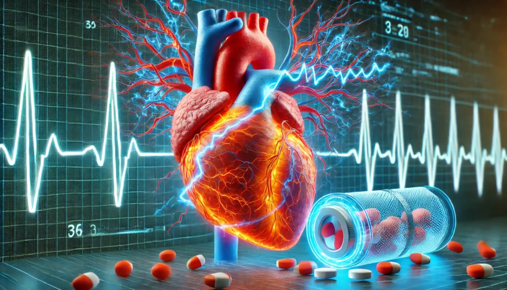 A futuristic 3D medical visualization of a human heart with atrial fibrillation, displaying chaotic red and orange electrical pulses. A pharmacological treatment, depicted as glowing blue waves, flows through the blood vessels, restoring normal rhythm. The background features a high-tech medical display with a stabilizing ECG graph.