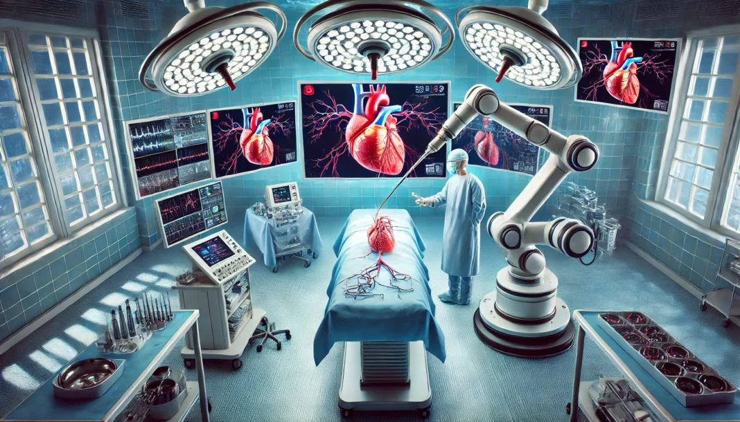 A cutting-edge operating room where a surgeon controls a robotic arm to perform a coronary artery procedure, with real-time 3D imaging of the heart displayed on advanced monitors.