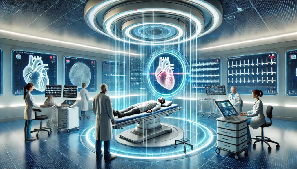 A high-tech cardiovascular treatment room featuring a patient undergoing non-invasive laser therapy, with doctors monitoring heart scans on advanced digital displays.