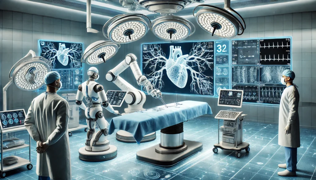 Robotic-Assisted Hybrid Operating Room: A futuristic hybrid surgical suite equipped with robotic arms and real-time 3D imaging displays, where surgeons perform minimally invasive coronary artery procedures.