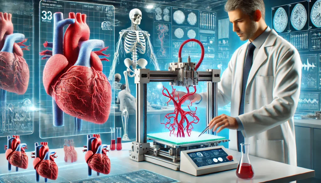 3D Bioprinting of Artificial Arteries: A cutting-edge laboratory where scientists use an advanced bioprinter to create artificial coronary arteries, with high-resolution monitors displaying vascular structures.
