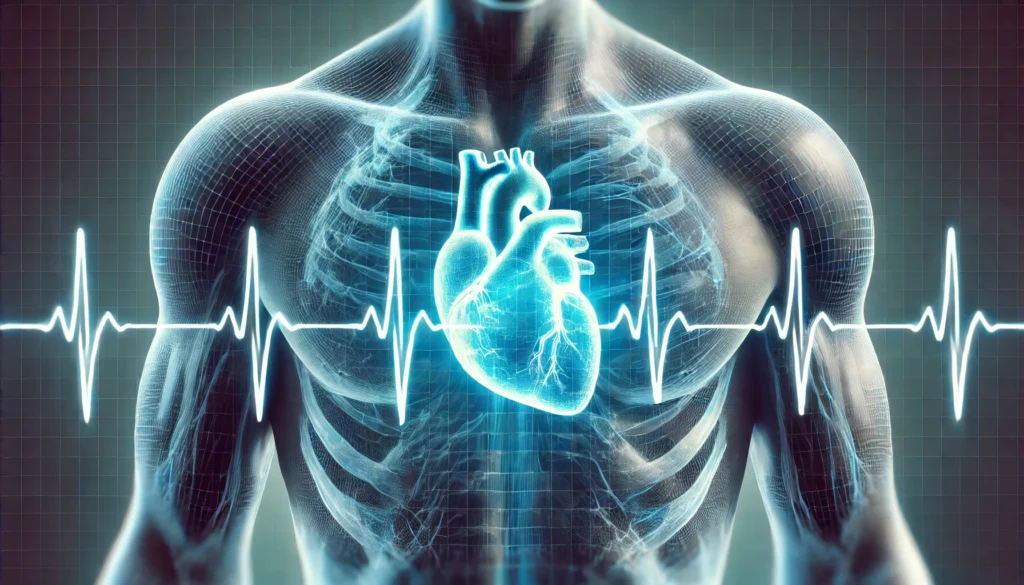 A futuristic medical scan-style image displaying a glowing electrocardiogram (ECG) waveform over a semi-transparent human torso, focusing on the heart region. The ECG line shows irregular heartbeat patterns, representing arrhythmia or other cardiovascular conditions.