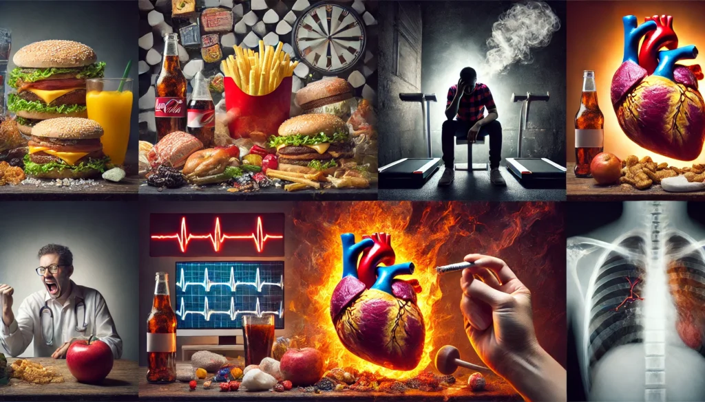 A conceptual depiction of heart disease risk factors, including unhealthy eating, sedentary lifestyle, smoking, and stress, divided into four scenes.