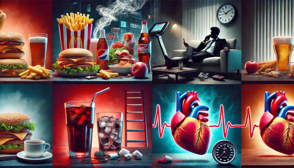 A symbolic illustration of the dangers of fast food, inactivity, cigarette smoking, and chronic stress on heart disease.