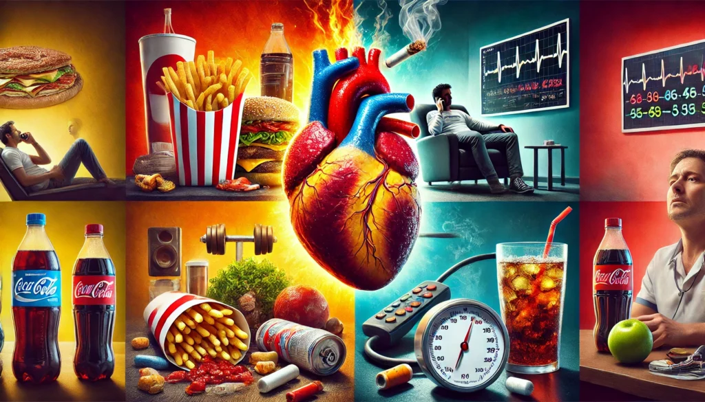 A dramatic composition highlighting poor nutrition, physical inactivity, smoking, alcohol use, and stress as major contributors to heart problems.