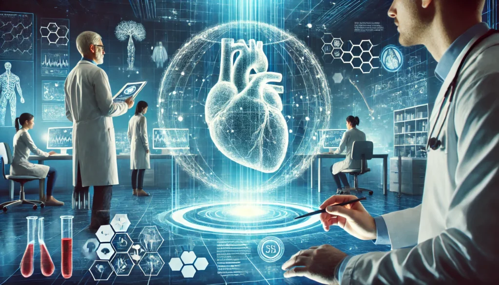 A futuristic medical laboratory with scientists examining a glowing 3D holographic human heart, symbolizing cutting-edge cardiovascular research.