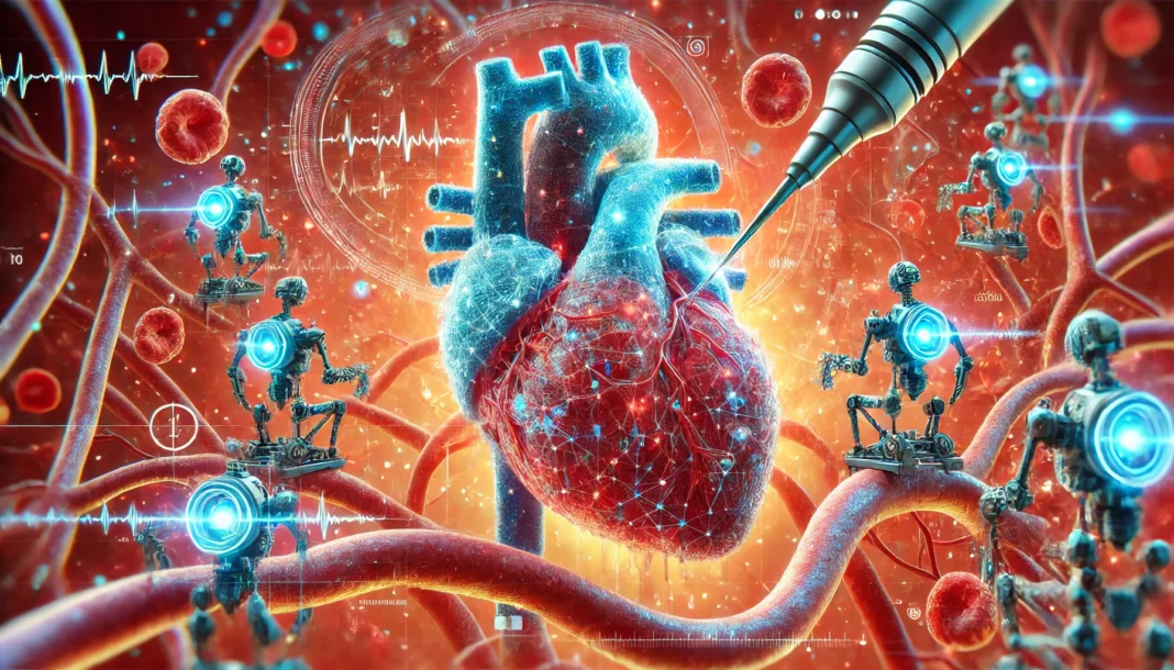 A high-tech visualization of a human heart being repaired by tiny nanobots, representing future advancements in cardiovascular disease treatment.