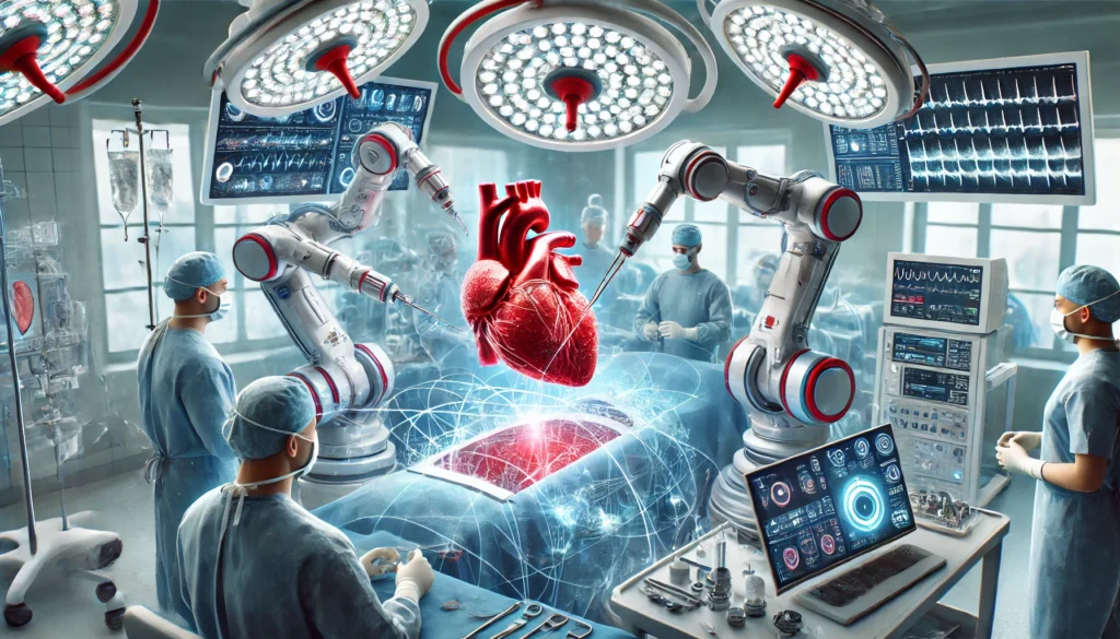 A state-of-the-art robotic-assisted heart surgery taking place, showcasing precision technology in modern cardiovascular treatment.