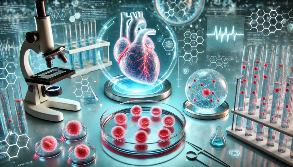 A futuristic stem cell research lab where scientists develop regenerative heart therapies, featuring petri dishes with heart cells and a glowing digital heart model.