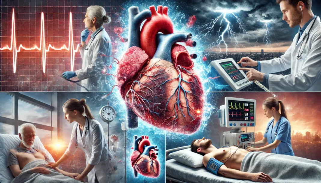 Medical Professional Using a Defibrillator – Depicts a healthcare provider using a defibrillator on a patient in a hospital setting, with an ECG monitor displaying atrial fibrillation.