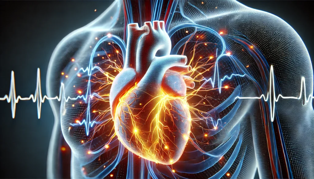 3D-Rendered Human Heart with Electrical Impulses – Shows a semi-transparent human heart with glowing pathways illustrating AFib and the effects of cardioversion.