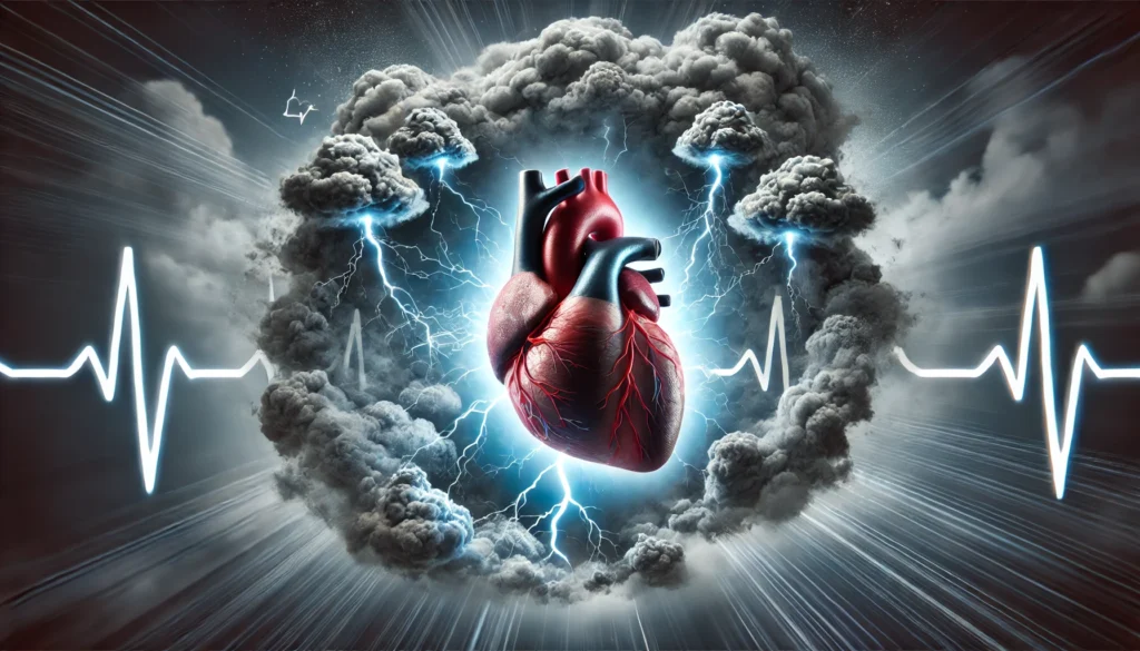 Conceptual Image of Risks and Recovery – Represents potential cardioversion risks with a stormy, dark heart transitioning into a bright, healthy heart.