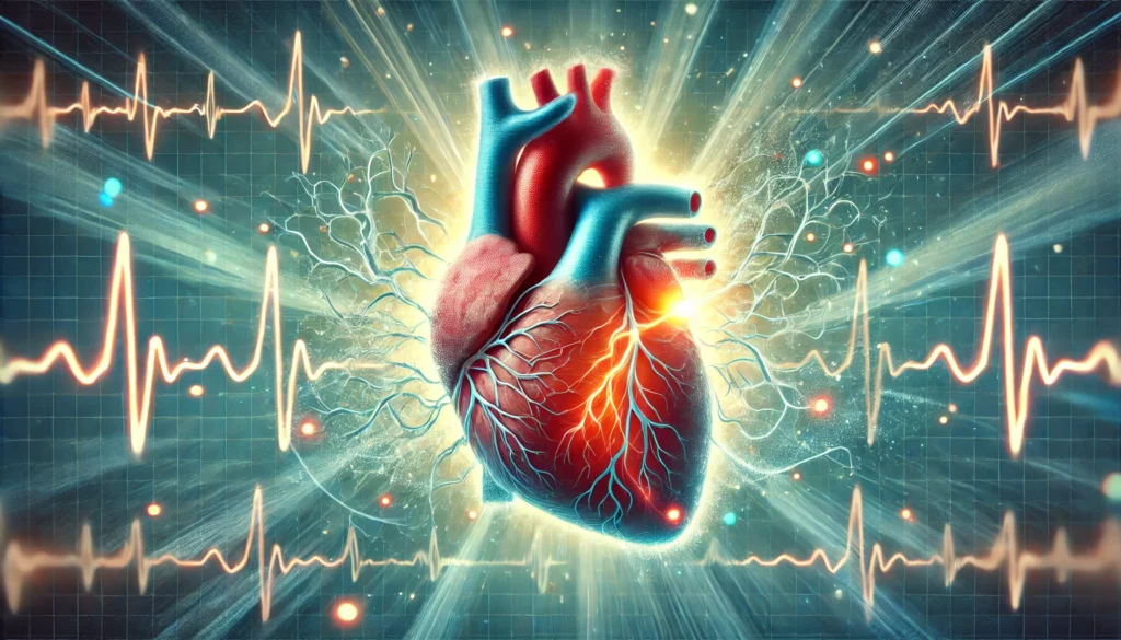 A glowing, dynamic illustration of a human heart undergoing cardioversion. Chaotic electrical signals surrounding the heart transition into a steady, rhythmic pulse, symbolizing the restoration of normal heart function. The background features a soft medical-themed glow, emphasizing the shift from atrial fibrillation to stability.