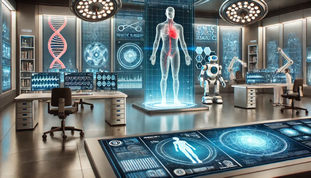 A futuristic laboratory showcasing cutting-edge medical technology, including robotic surgery, AI-assisted diagnostics, and a holographic human body display. The scene is sleek, with advanced monitors displaying genetic research and biomedical data.