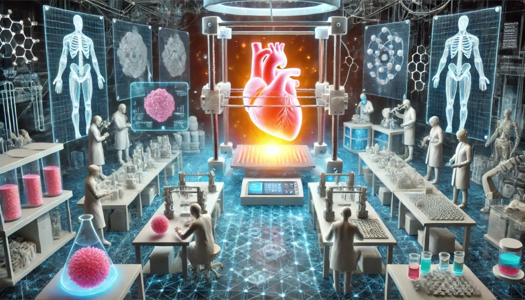 A breakthrough in regenerative medicine, featuring a high-tech bioprinting lab where scientists create 3D-printed organs. A glowing artificial heart is being printed in the center, surrounded by bio-inks and tissue engineering scaffolds.