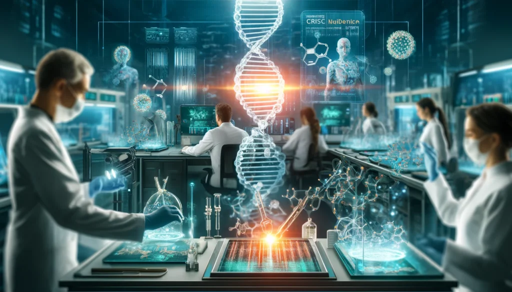 An advanced gene therapy research facility with scientists manipulating DNA strands using CRISPR gene-editing technology. Digital interfaces highlight genetic modifications, glowing DNA sequences, and molecular models in a high-tech setting.