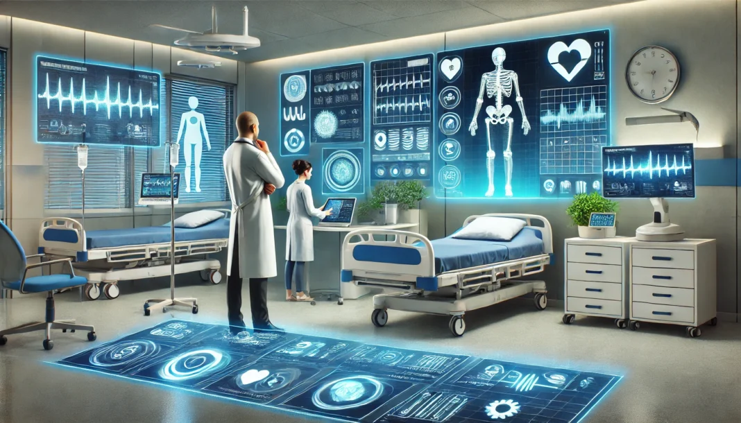 A futuristic hospital room equipped with AI-driven patient monitoring systems, robotic caregivers, and smart medical beds. A doctor consults with a digital assistant, while a holographic medical chart displays real-time patient data.